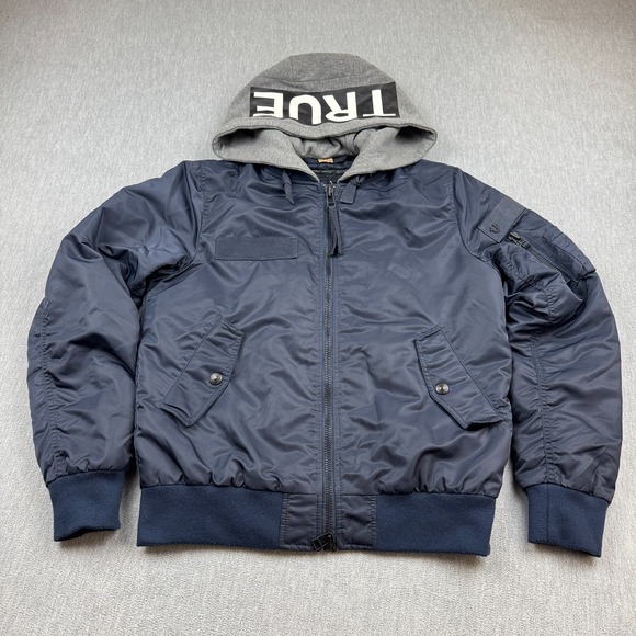 True Religion Jackets & Blazers - True Religion Bomber Jacket Mens Small Blue Quilted Full Zip Hooded Pockets Coat